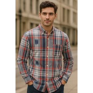 Rocawear Men's 2XL Long Sleeve Plaid Shirt – Bold Red, Navy & Gray Street Style